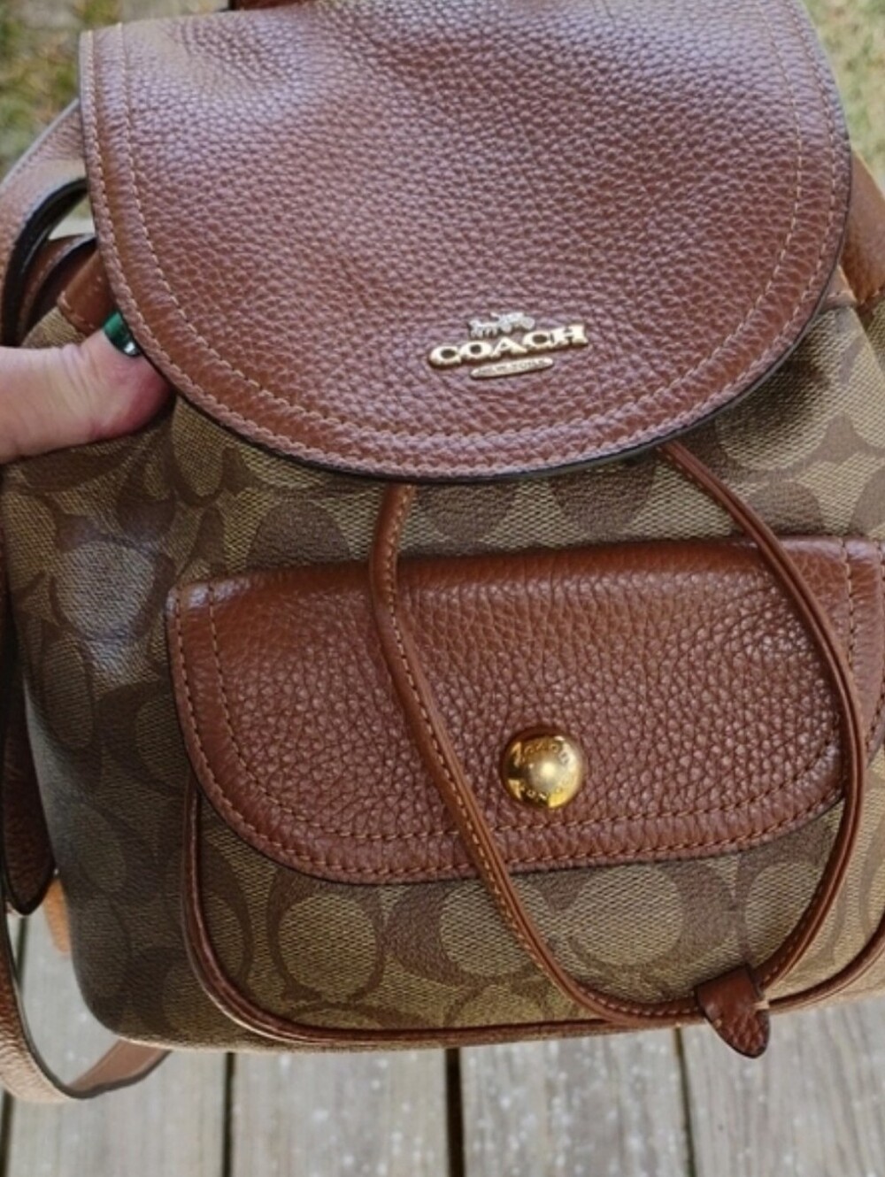 Coach Tan/Brown Signature Canvas Mini Backpack with Leather Trim
